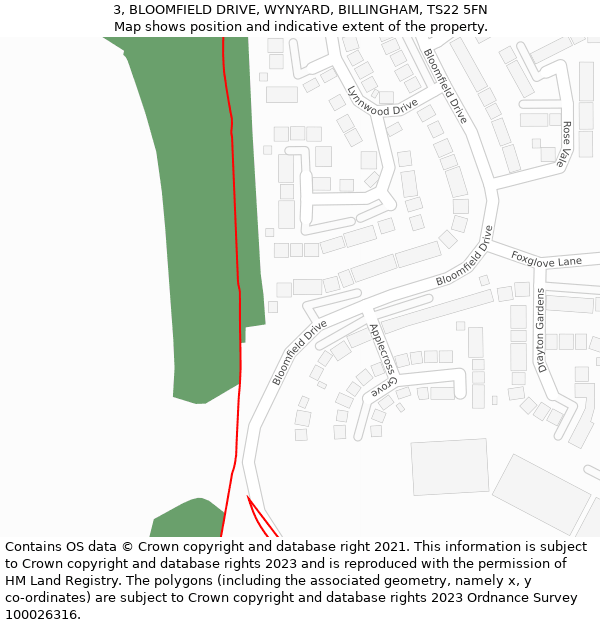 3, BLOOMFIELD DRIVE, WYNYARD, BILLINGHAM, TS22 5FN: Location map and indicative extent of plot