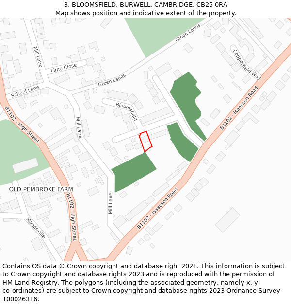 3, BLOOMSFIELD, BURWELL, CAMBRIDGE, CB25 0RA: Location map and indicative extent of plot