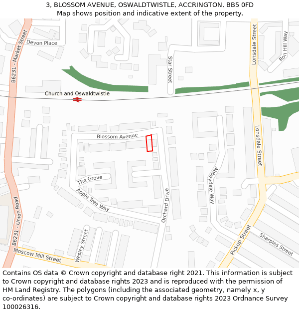 3, BLOSSOM AVENUE, OSWALDTWISTLE, ACCRINGTON, BB5 0FD: Location map and indicative extent of plot