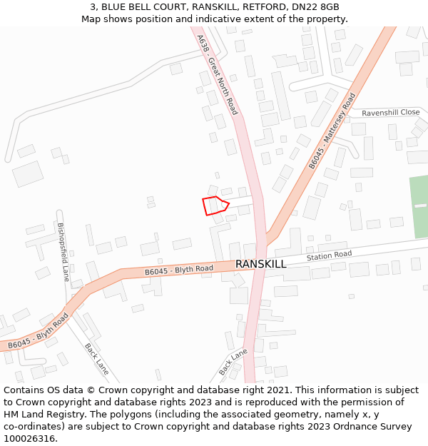 3, BLUE BELL COURT, RANSKILL, RETFORD, DN22 8GB: Location map and indicative extent of plot