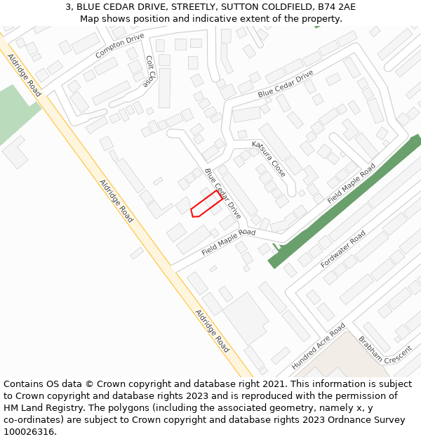 3, BLUE CEDAR DRIVE, STREETLY, SUTTON COLDFIELD, B74 2AE: Location map and indicative extent of plot