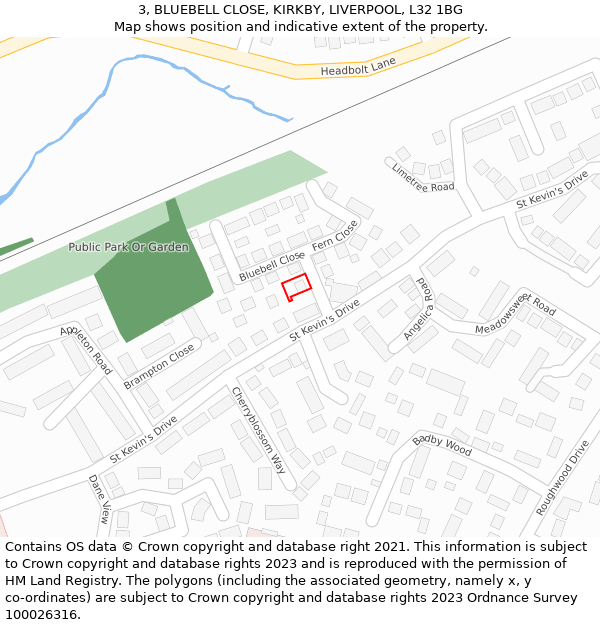 3, BLUEBELL CLOSE, KIRKBY, LIVERPOOL, L32 1BG: Location map and indicative extent of plot