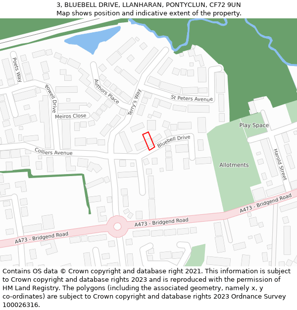 3, BLUEBELL DRIVE, LLANHARAN, PONTYCLUN, CF72 9UN: Location map and indicative extent of plot