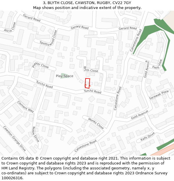 3, BLYTH CLOSE, CAWSTON, RUGBY, CV22 7GY: Location map and indicative extent of plot