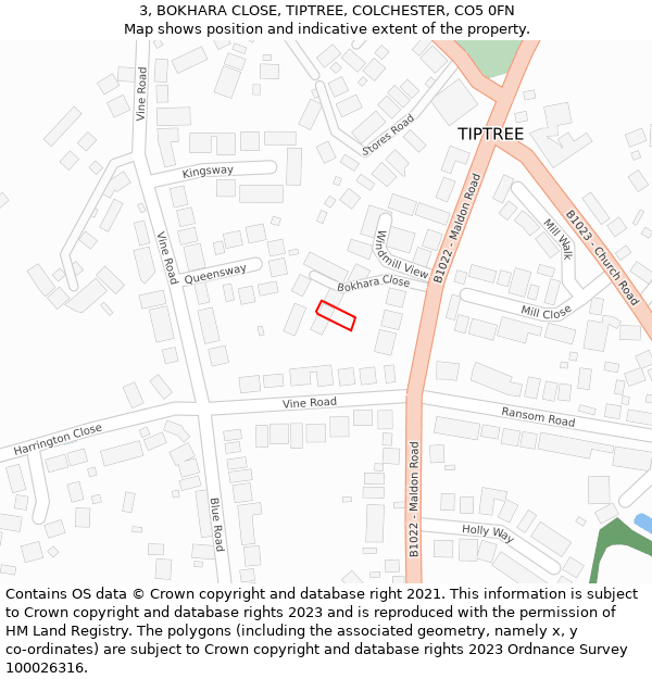 3, BOKHARA CLOSE, TIPTREE, COLCHESTER, CO5 0FN: Location map and indicative extent of plot