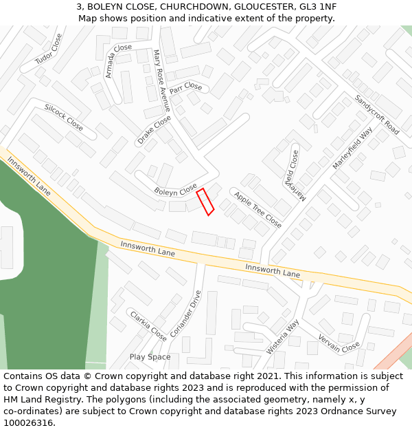 3, BOLEYN CLOSE, CHURCHDOWN, GLOUCESTER, GL3 1NF: Location map and indicative extent of plot