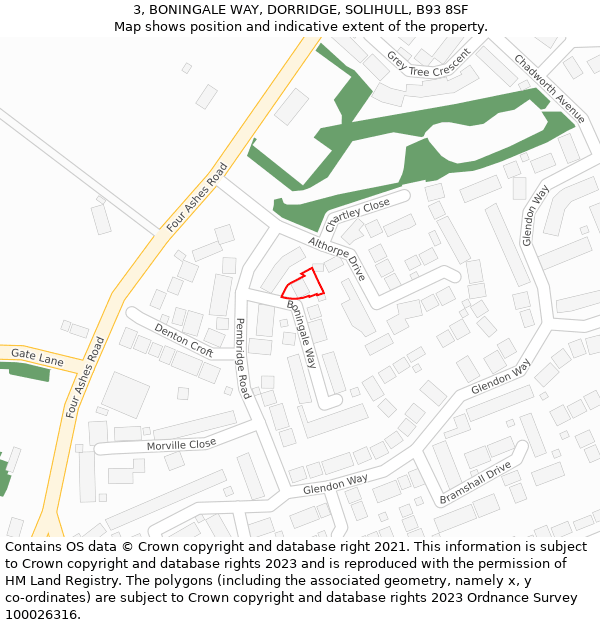 3, BONINGALE WAY, DORRIDGE, SOLIHULL, B93 8SF: Location map and indicative extent of plot