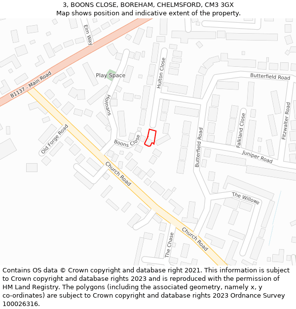 3, BOONS CLOSE, BOREHAM, CHELMSFORD, CM3 3GX: Location map and indicative extent of plot