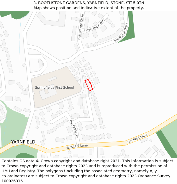 3, BOOTHSTONE GARDENS, YARNFIELD, STONE, ST15 0TN: Location map and indicative extent of plot