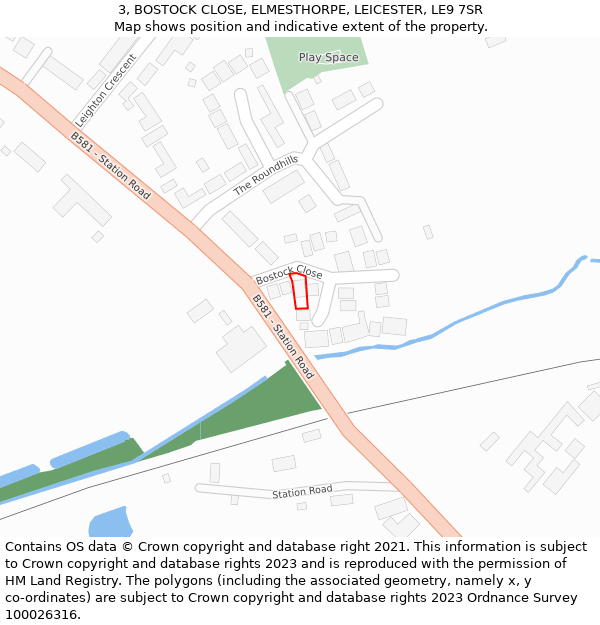 3, BOSTOCK CLOSE, ELMESTHORPE, LEICESTER, LE9 7SR: Location map and indicative extent of plot