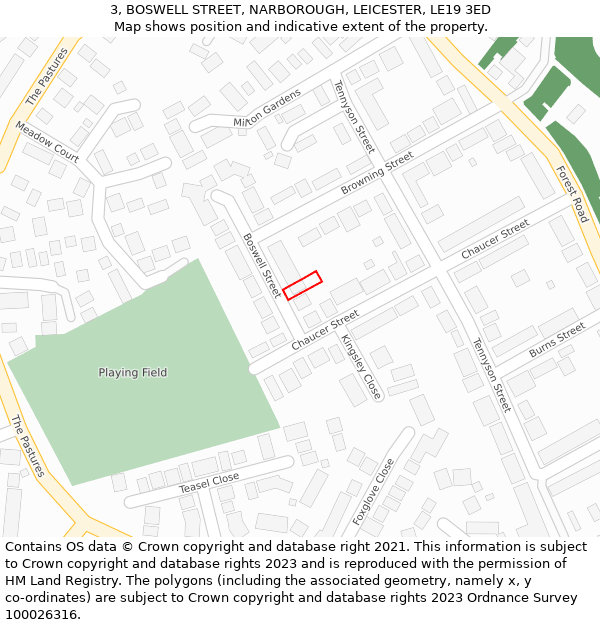 3, BOSWELL STREET, NARBOROUGH, LEICESTER, LE19 3ED: Location map and indicative extent of plot