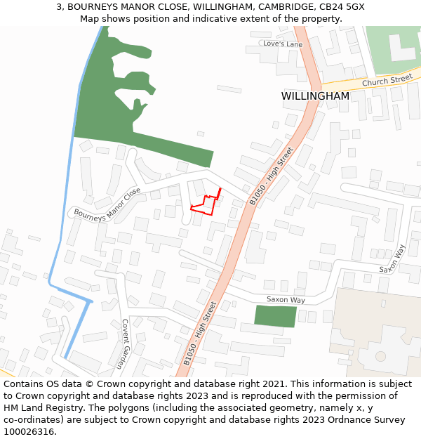 3, BOURNEYS MANOR CLOSE, WILLINGHAM, CAMBRIDGE, CB24 5GX: Location map and indicative extent of plot