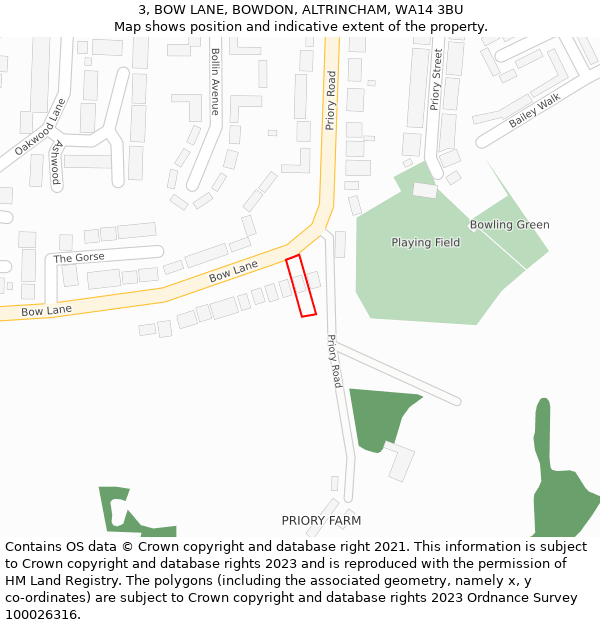 3, BOW LANE, BOWDON, ALTRINCHAM, WA14 3BU: Location map and indicative extent of plot