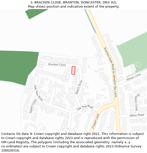 3, BRACKEN CLOSE, BRANTON, DONCASTER, DN3 3UL: Location map and indicative extent of plot