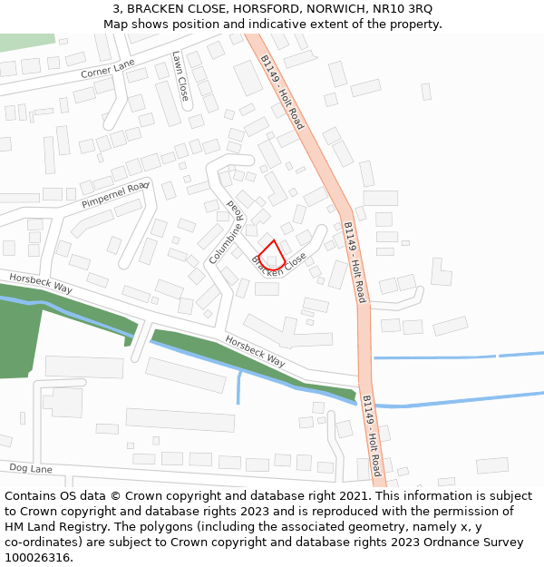 3, BRACKEN CLOSE, HORSFORD, NORWICH, NR10 3RQ: Location map and indicative extent of plot