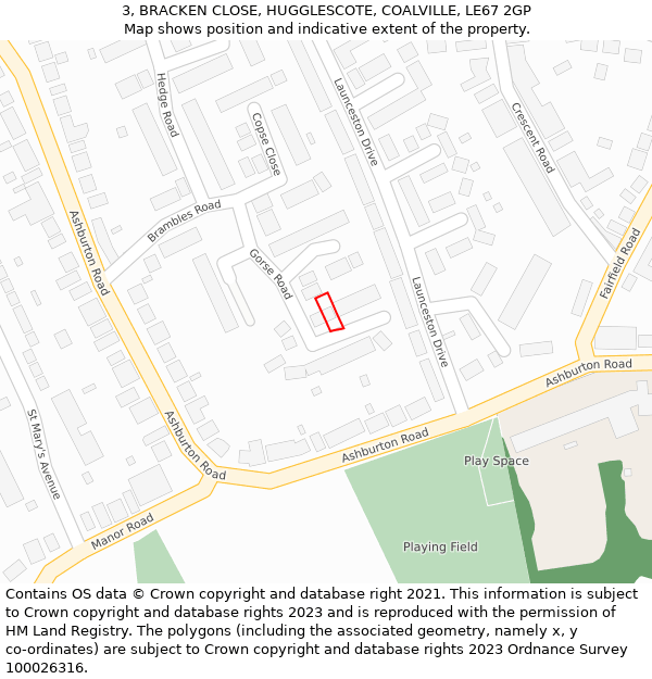 3, BRACKEN CLOSE, HUGGLESCOTE, COALVILLE, LE67 2GP: Location map and indicative extent of plot