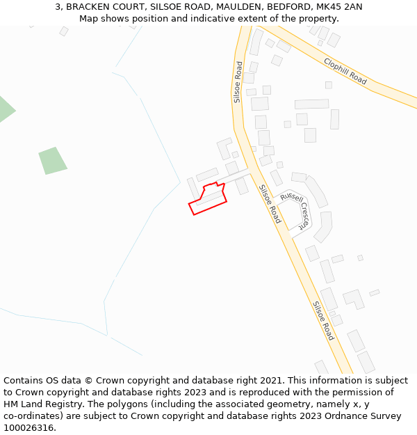 3, BRACKEN COURT, SILSOE ROAD, MAULDEN, BEDFORD, MK45 2AN: Location map and indicative extent of plot