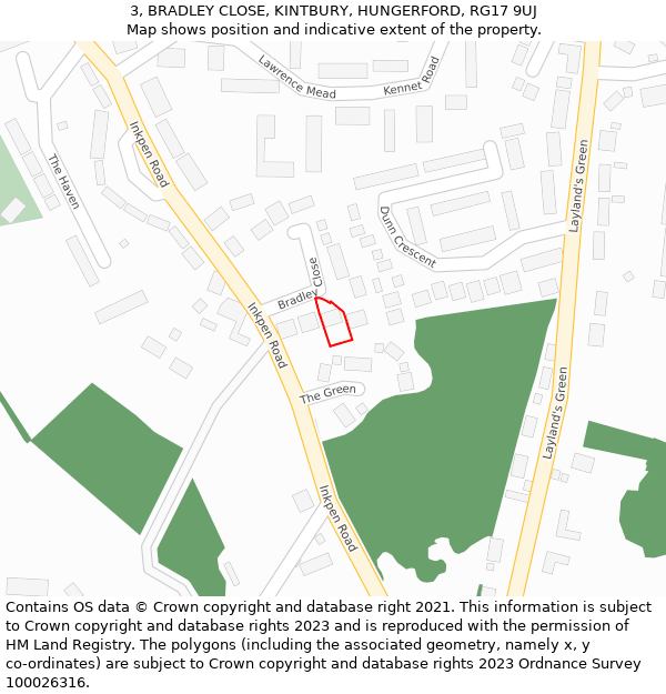 3, BRADLEY CLOSE, KINTBURY, HUNGERFORD, RG17 9UJ: Location map and indicative extent of plot