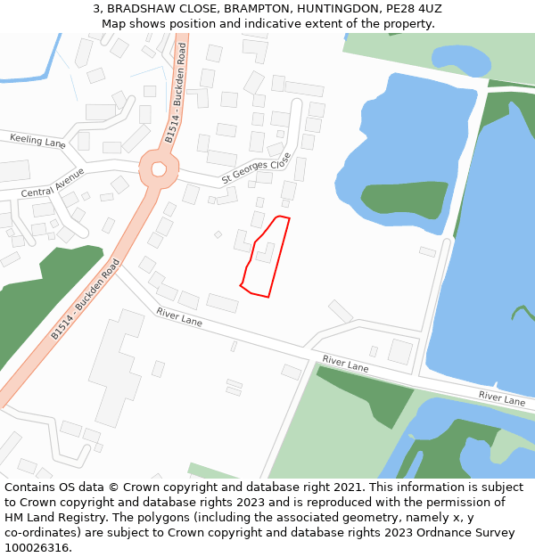 3, BRADSHAW CLOSE, BRAMPTON, HUNTINGDON, PE28 4UZ: Location map and indicative extent of plot