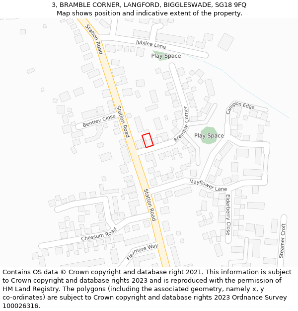 3, BRAMBLE CORNER, LANGFORD, BIGGLESWADE, SG18 9FQ: Location map and indicative extent of plot