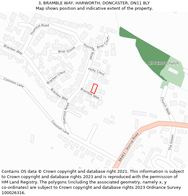 3, BRAMBLE WAY, HARWORTH, DONCASTER, DN11 8LY: Location map and indicative extent of plot