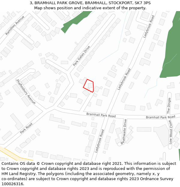 3, BRAMHALL PARK GROVE, BRAMHALL, STOCKPORT, SK7 3PS: Location map and indicative extent of plot