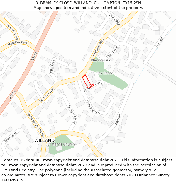 3, BRAMLEY CLOSE, WILLAND, CULLOMPTON, EX15 2SN: Location map and indicative extent of plot