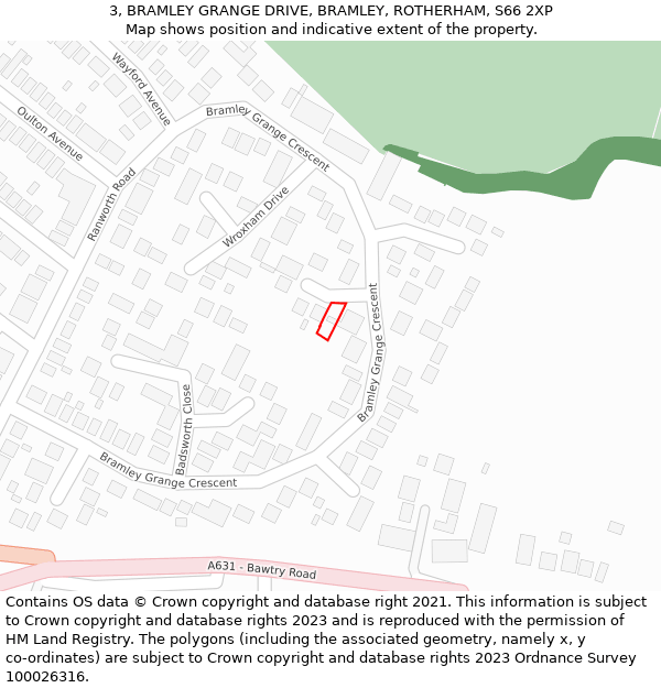 3, BRAMLEY GRANGE DRIVE, BRAMLEY, ROTHERHAM, S66 2XP: Location map and indicative extent of plot
