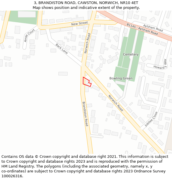 3, BRANDISTON ROAD, CAWSTON, NORWICH, NR10 4ET: Location map and indicative extent of plot