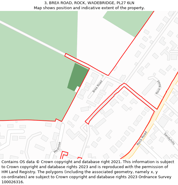 3, BREA ROAD, ROCK, WADEBRIDGE, PL27 6LN: Location map and indicative extent of plot