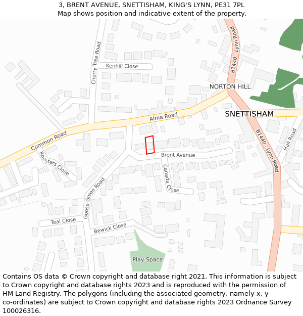 3, BRENT AVENUE, SNETTISHAM, KING'S LYNN, PE31 7PL: Location map and indicative extent of plot