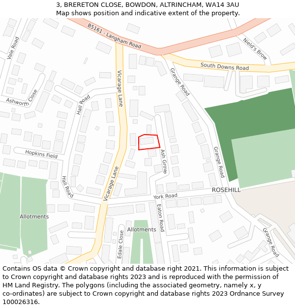 3, BRERETON CLOSE, BOWDON, ALTRINCHAM, WA14 3AU: Location map and indicative extent of plot