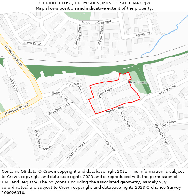 3, BRIDLE CLOSE, DROYLSDEN, MANCHESTER, M43 7JW: Location map and indicative extent of plot