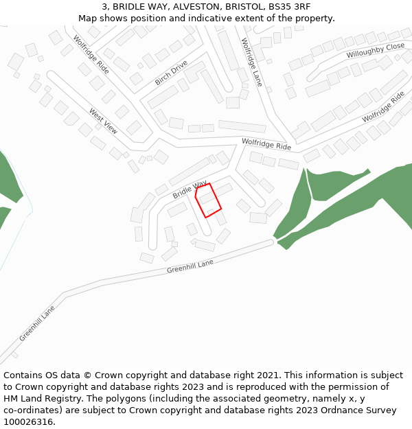 3, BRIDLE WAY, ALVESTON, BRISTOL, BS35 3RF: Location map and indicative extent of plot