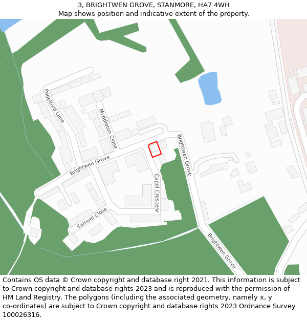 3, BRIGHTWEN GROVE, STANMORE, HA7 4WH: Location map and indicative extent of plot