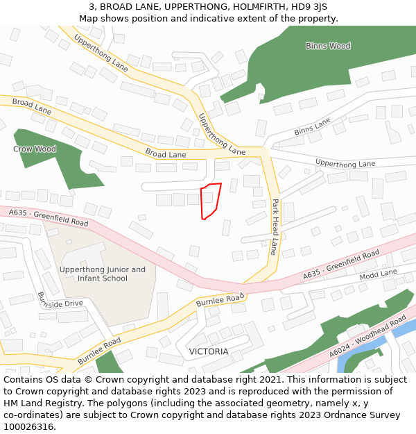 3, BROAD LANE, UPPERTHONG, HOLMFIRTH, HD9 3JS: Location map and indicative extent of plot