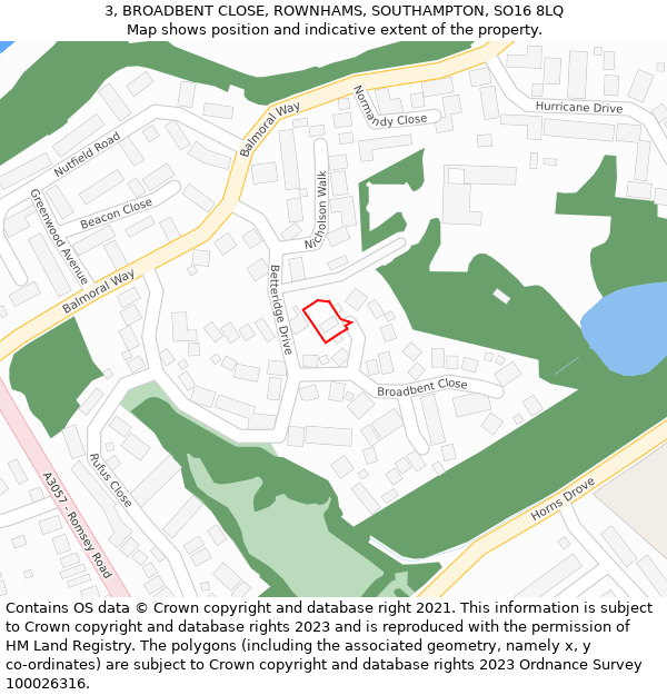 3, BROADBENT CLOSE, ROWNHAMS, SOUTHAMPTON, SO16 8LQ: Location map and indicative extent of plot