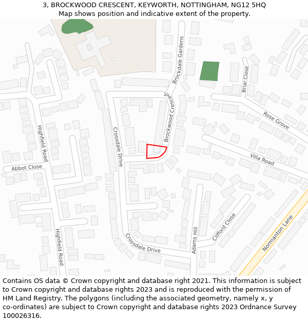 3, BROCKWOOD CRESCENT, KEYWORTH, NOTTINGHAM, NG12 5HQ: Location map and indicative extent of plot
