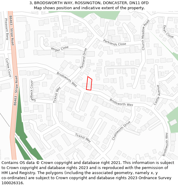 3, BRODSWORTH WAY, ROSSINGTON, DONCASTER, DN11 0FD: Location map and indicative extent of plot