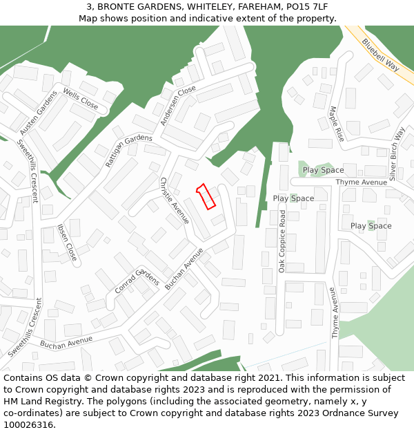 3, BRONTE GARDENS, WHITELEY, FAREHAM, PO15 7LF: Location map and indicative extent of plot