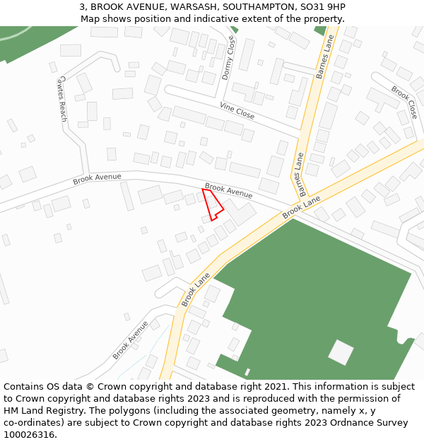 3, BROOK AVENUE, WARSASH, SOUTHAMPTON, SO31 9HP: Location map and indicative extent of plot