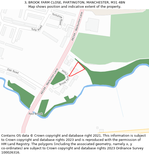 3, BROOK FARM CLOSE, PARTINGTON, MANCHESTER, M31 4BN: Location map and indicative extent of plot