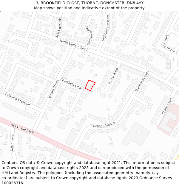 3, BROOKFIELD CLOSE, THORNE, DONCASTER, DN8 4AY: Location map and indicative extent of plot