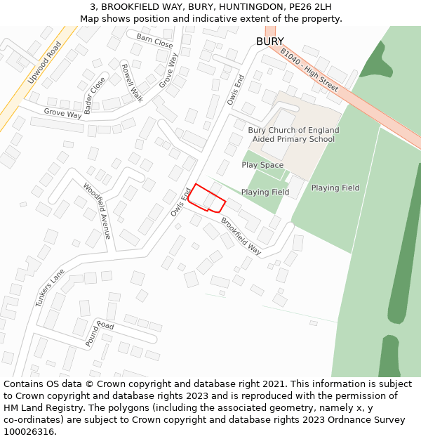 3, BROOKFIELD WAY, BURY, HUNTINGDON, PE26 2LH: Location map and indicative extent of plot