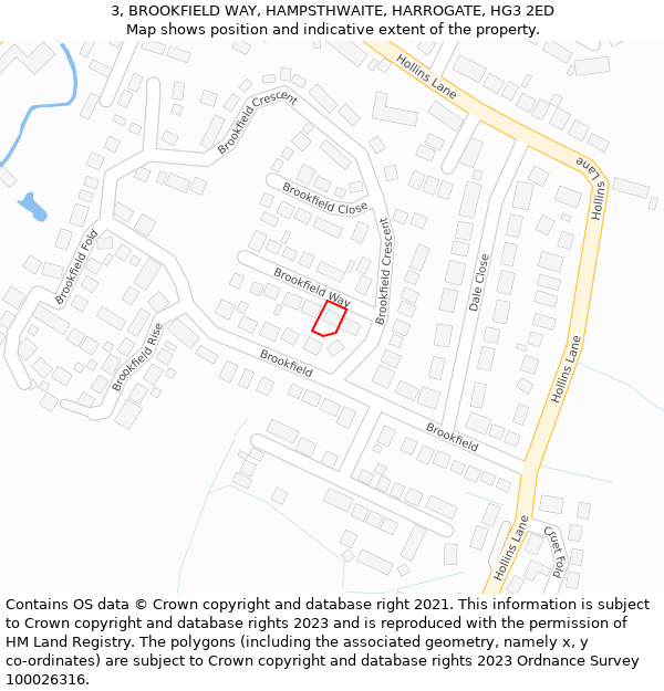 3, BROOKFIELD WAY, HAMPSTHWAITE, HARROGATE, HG3 2ED: Location map and indicative extent of plot