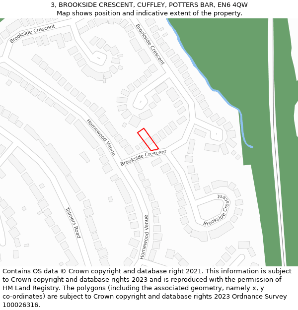 3, BROOKSIDE CRESCENT, CUFFLEY, POTTERS BAR, EN6 4QW: Location map and indicative extent of plot