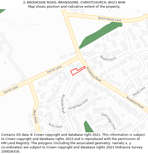 3, BROOKSIDE ROAD, BRANSGORE, CHRISTCHURCH, BH23 8AW: Location map and indicative extent of plot