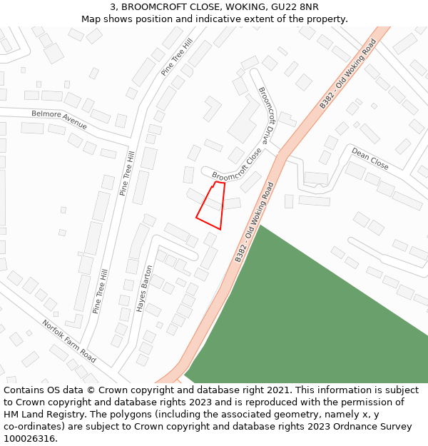 3, BROOMCROFT CLOSE, WOKING, GU22 8NR: Location map and indicative extent of plot