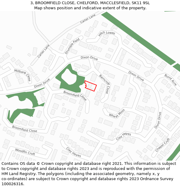 3, BROOMFIELD CLOSE, CHELFORD, MACCLESFIELD, SK11 9SL: Location map and indicative extent of plot