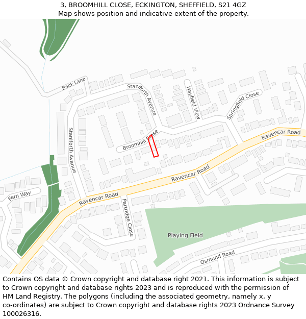 3, BROOMHILL CLOSE, ECKINGTON, SHEFFIELD, S21 4GZ: Location map and indicative extent of plot